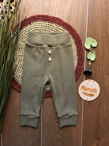 Leggings para niño LC009 khaki de algodón acanalados con botones de madera