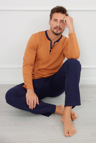 Julius Pijama de manga larga para hombre, pantalón largo Moda Italiana - coñac/verde