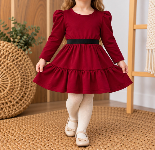 Vestido para niña mamatti SK620 elegante con mangas globo y goma brillante burdeos