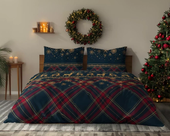 Ropa de cama Detexpol 6058 A Renos de invierno azul marino y rojo 100% algodón