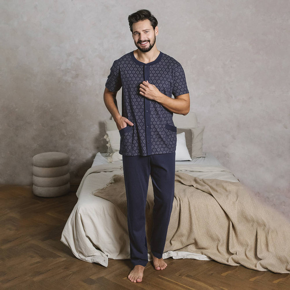 Ricardo Pijama de hombre manga corta, pantalón largo Moda Italiana - azul marino