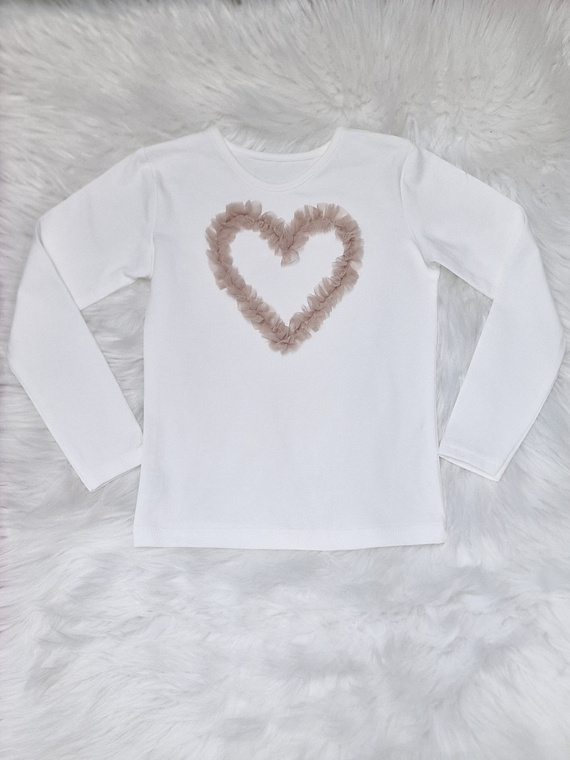 Mia Bambarillo blusa de niña de algodón beige crudo con corazón de tul