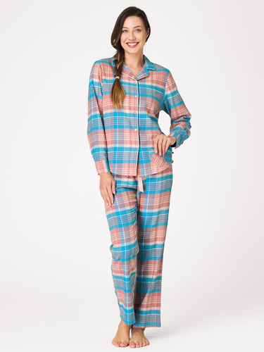 Pijama de mujer Key LNS 435 azul marina – de franela, abotonada, 100% algodón