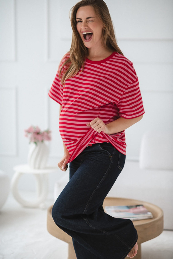 Mamahood Camiseta de embarazo y lactancia Milk&Love a rayas rojo-rosa- cómoda y elegante