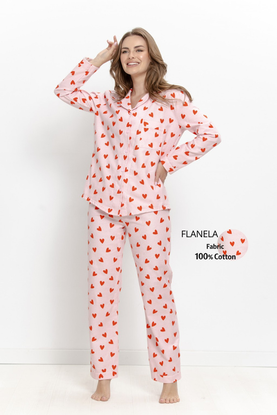 Pijama de mujer Taro Sorella 3628 de franela 100% algodón con apertura y corazones