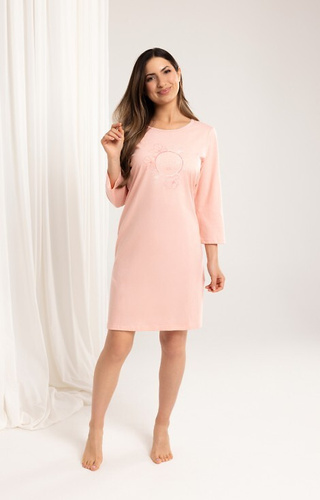 163 Camisón de algodón Regina albaricoque - manga 3/4, estampado, por debajo de la rodilla