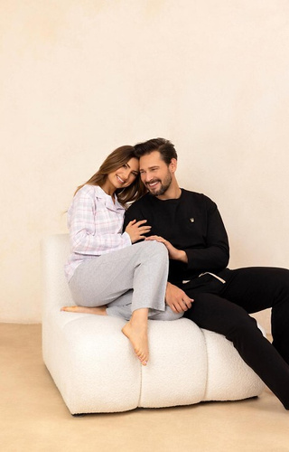 727 Pijama de señora Regina gris - 100% algodón, a cuadros, camisa con botones