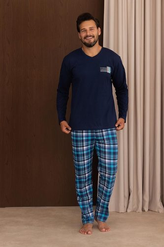 Regina 6011 Pijama para Hombre 100% Algodón Manga Larga Pantalones a Cuadros Azul Marino