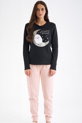 Shearly Pijama de mujer Sorbetto negro - 100% algodón, aplique 3D, pantalón con cordón