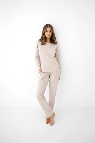 Pijama de mujer Sensis Mikaela beige de algodón manga larga pantalones con bolsillos