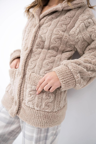 Sensis Ingrid blazer para mujer beige con botones, suave homewear con bolsillos
