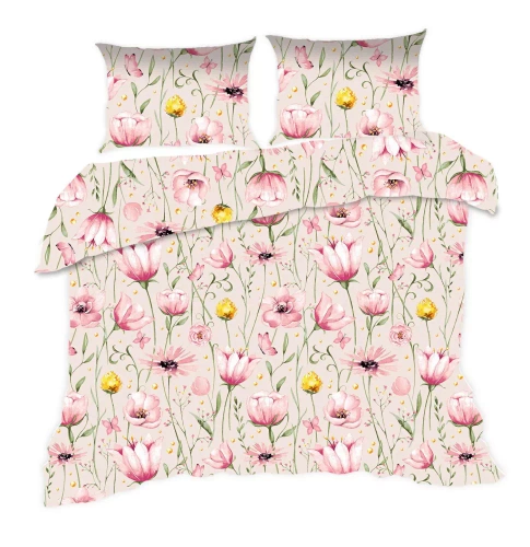 1744N Ropa de cama de algodón Classic E24 Karo flores beige empolvado - 100% algodón, duradero, colorido, juego de 2 piezas