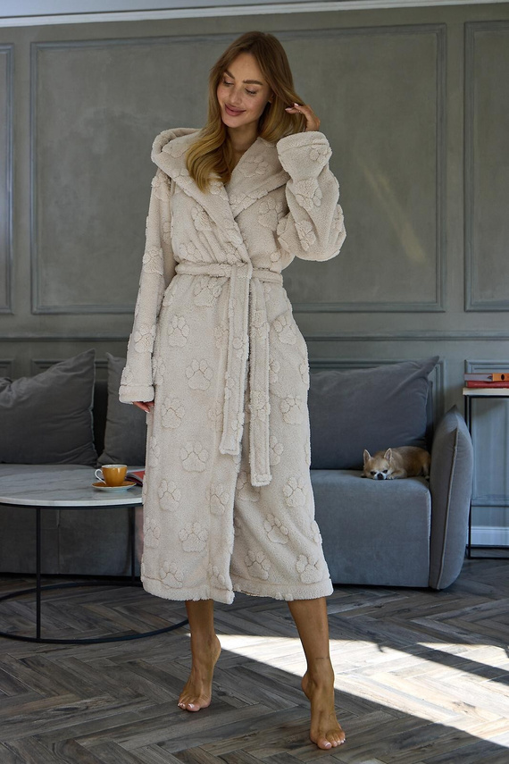 L&L Fibi 2635 Bata larga de mujer con capucha, suave, estampado de huellas de perro - angora