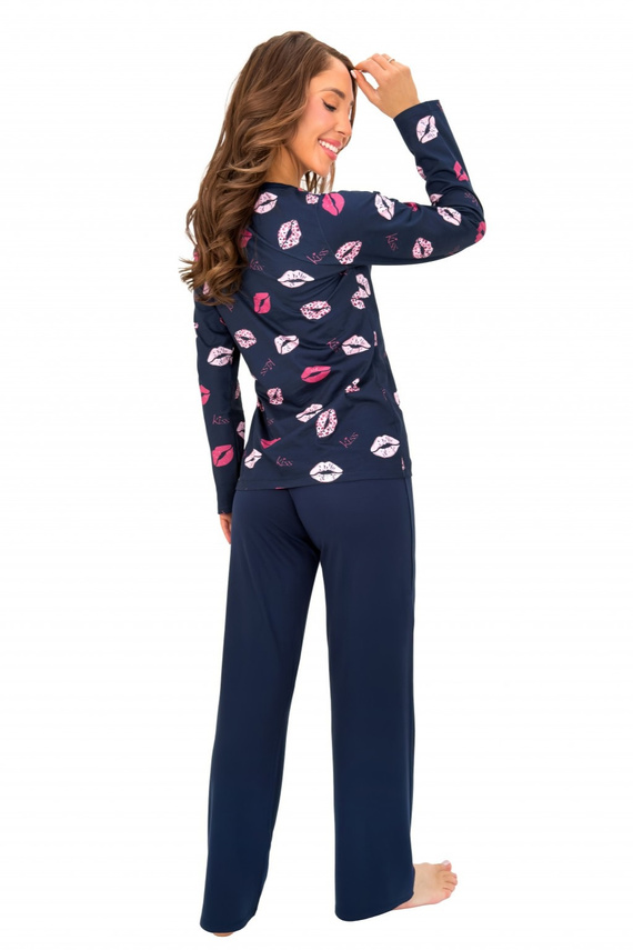 Donna Kiss Long pijama de mujer azul marino 100% algodón pantalón largo