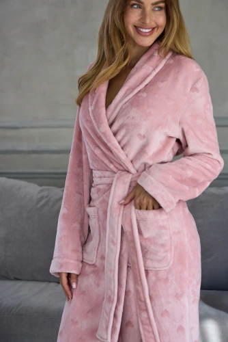 Bata larga de mujer L&L Gigi 2642 hasta la pantorrilla, suave, con chal en corazones - rosa empolvado