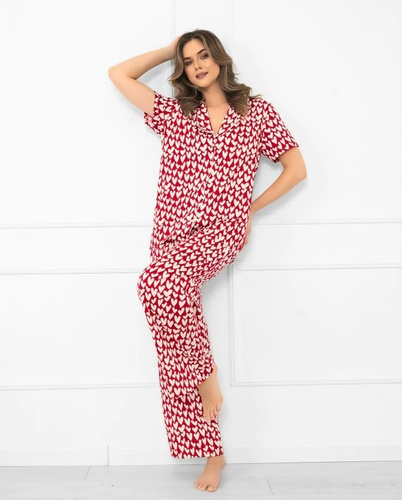 Ksenia Italian Fashion - pijama de mujer de algodón con corazones, camisa abotonada, pantalón largo con bolsillos