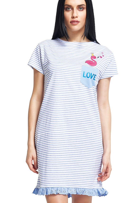 Oxksana Camisón azul - 100% algodón, rayas y volante