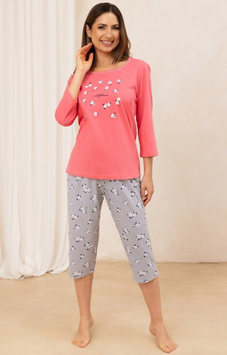 707 Regina pijama de algodón rosa - mujer, manga 3/4, estampado floral