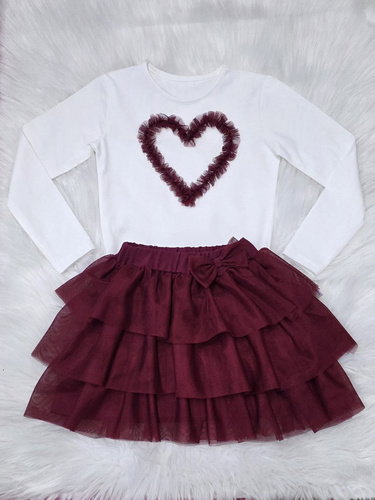Mia Bambarillo blusa de niña de algodón crudo burdeos con corazón de tul