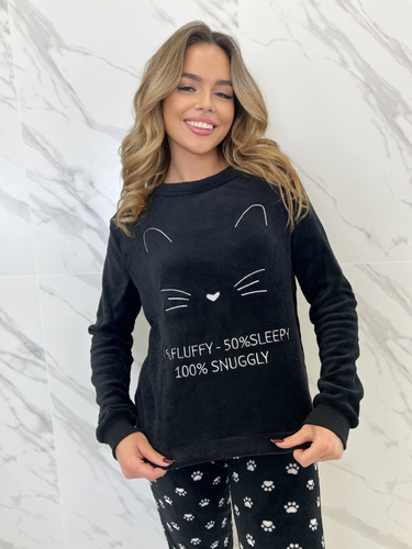 Fulvia Pijama de mujer Sorbetto negro - Forro polar supersuave con gato y patitas