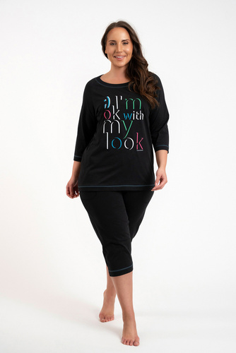 Olza Pijama de señora manga 3/4, pantalón 3/4 Moda Italiana - negro