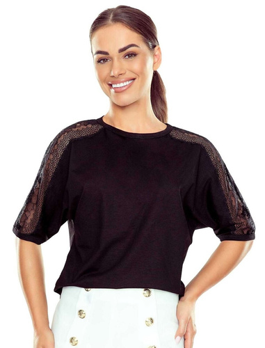 Elegante blusa de mujer Atila 3/4 Eldar negra| Inserciones de encaje, viscosa elástica, mangas al codo | Perfecta para cualquier ocasión