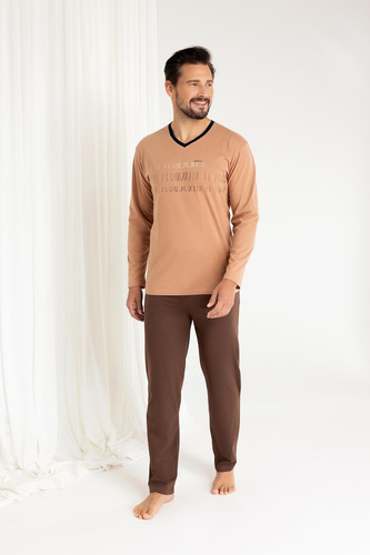 Regina 495 -pijama de algodón beige de manga larga para hombre, corte clásico