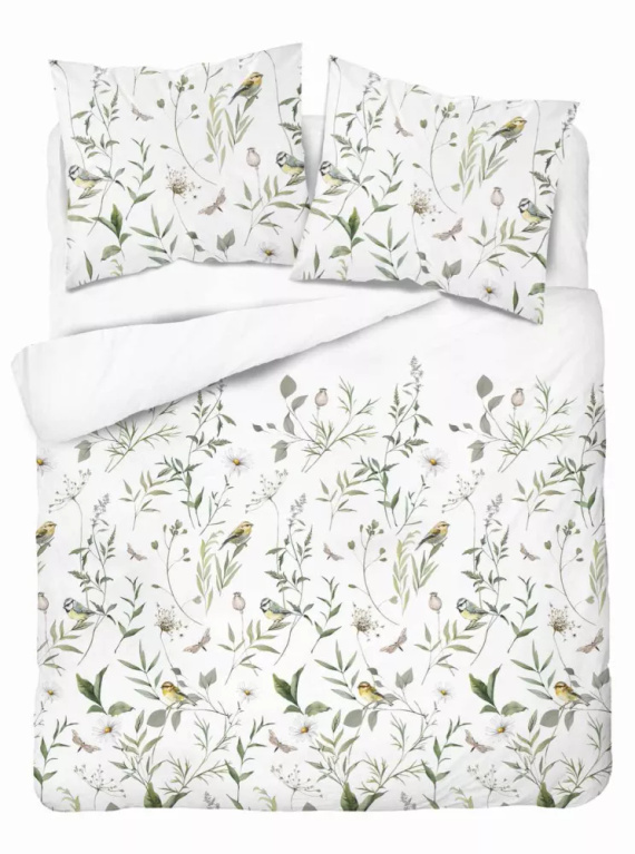 5500 A Ropa de cama de algodón blanco con ramas verdes y pájaro Naturalis- Detexpol