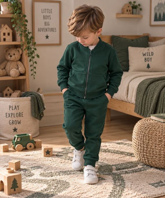 Mamatti DR919 chándal infantil verde de algodón sudadera con cremallera y cuello alto pantalones con bolsillos