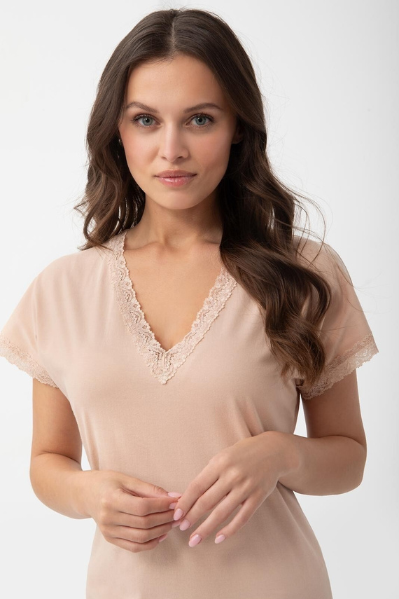1004 Luna Camisón Mujer de Algodón con Encaje y Escote en V