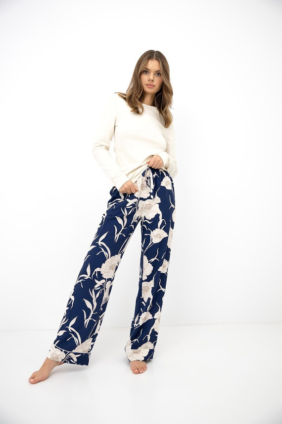 Sensis Azelia Pijama de Algodón para Mujer Ecru Pantalones Largos con Flores
