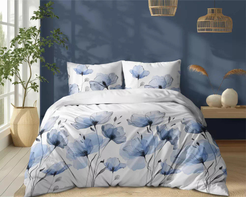 5496 A Ropa de cama de algodón blanco con flores azules acuarela Naturalis- Detexpol