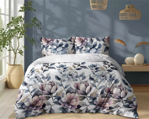 5498 A Ropa de cama de algodón blanco con flores azul polvo Naturalis- Detexpol
