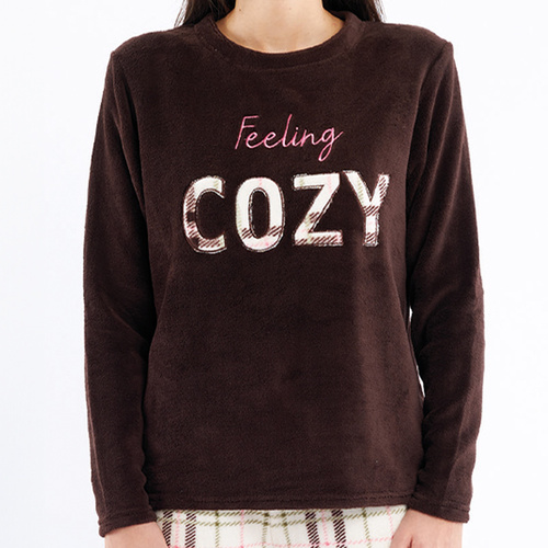 Pijama Liliana Sorbetto marrón - cálido polar a cuadros con bordados