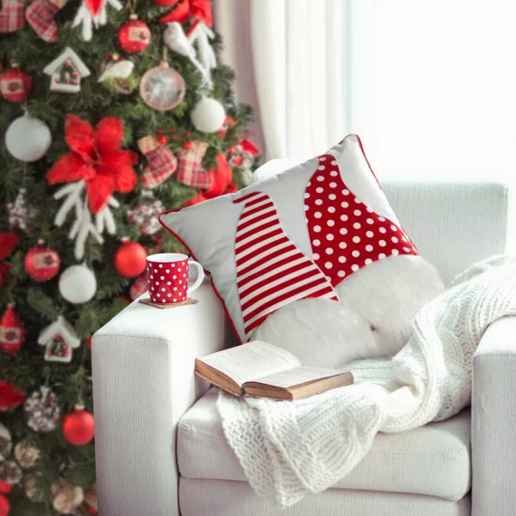 Chp 152 Eurofirany Funda de almohada navideña - blanca con gnomos rojos, decorativa