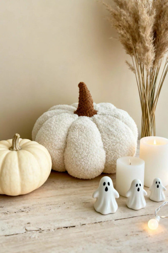 Almohada decorativa boucle calabaza Spod Igły i Nitki - blanco, decoración de otoño y Halloween