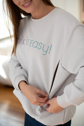 Milk It Easy! Sudadera premamá y de lactancia Milk&Love gris claro – oversize, cremalleras ocultas, algodón
