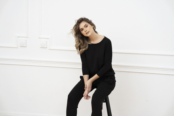 Estilo Conjunto de manga 3/4 para mujer, largo.pantalones moda italiana negro