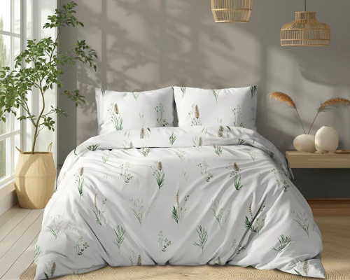5771 A Cotton Bloom Detexpol Ropa de cama blanca con hierbas y espigas - 100% algodón, doble cara, producción polaca