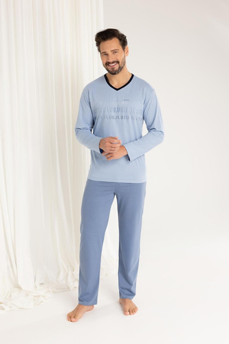 Regina 495 - pijama de algodón azul de manga larga para hombre, corte clásico
