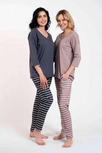 Betty Pijama señora manga 3/4, pantalón largo Moda Italiana - cappuccino/estampado cappuccino