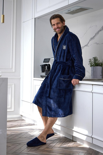 L&L 2661 Elegante Bata de Hombre Clásica con Cuello Chal Suave azul marino
