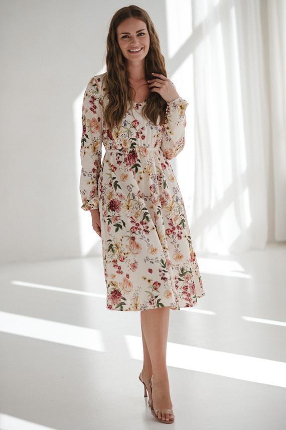 Lovely Dress Midi Milk&Love vestido de maternidad y lactancia floral crema en lino, corte elegante con cremalleras de lactancia