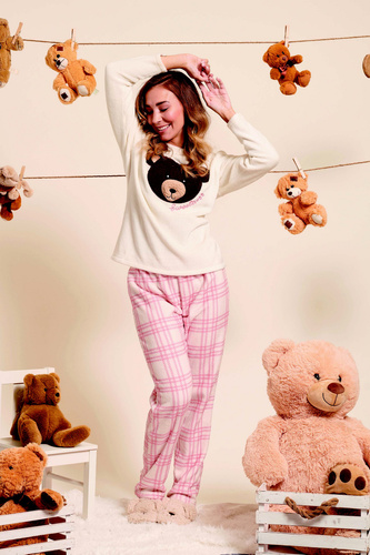 Madlen Pijama de mujer Sorbetto crudo - polar, con bordado de osito y pantalón a cuadros