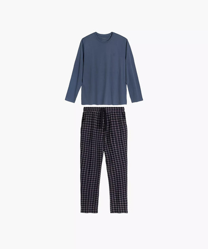 Atlantic NMP-404 Pijama para hombre 100% algodón Pantalón largo a cuadros azul-marino