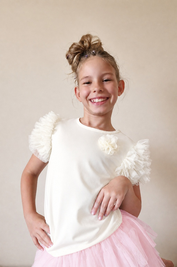 Inez Bambarillo Blusa para Niña con Volantes de Tul y Algodón