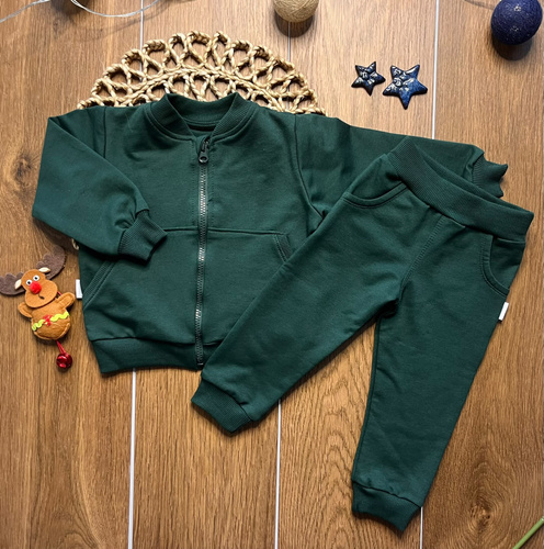 Mamatti DR919 chándal infantil verde de algodón sudadera con cremallera y cuello alto pantalones con bolsillos