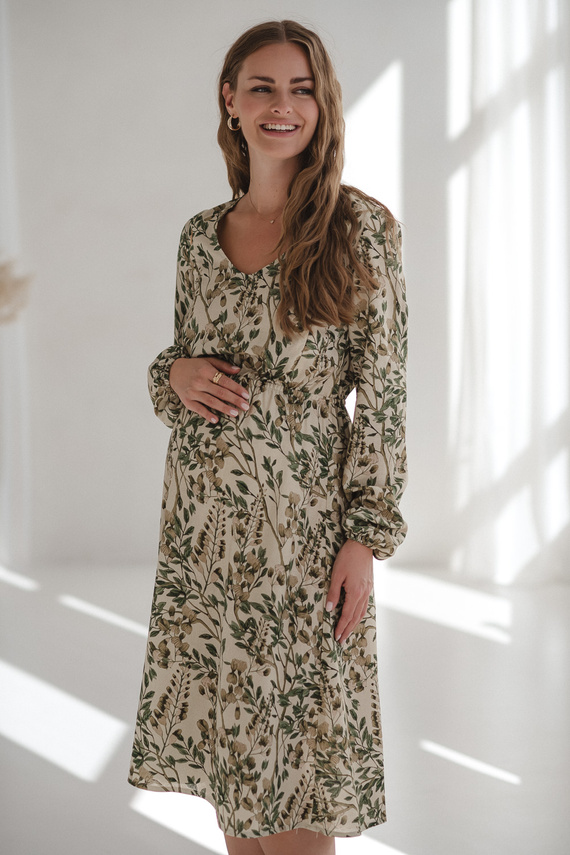 Lovely Dress Midi Milk&Love en flores verdes - vestido de maternidad y lactancia en lino, corte elegante con cremalleras de lactancia