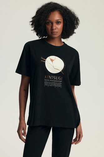 Pijama de mujer 43728 Dairoku negro - algodón, manga corta, pantalón de rejilla