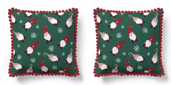 5383 Una Navidad funda de almohada decorativa Navidad Deco Detexpol gnomos y copos de nieve sobre fondo verde- cremallera